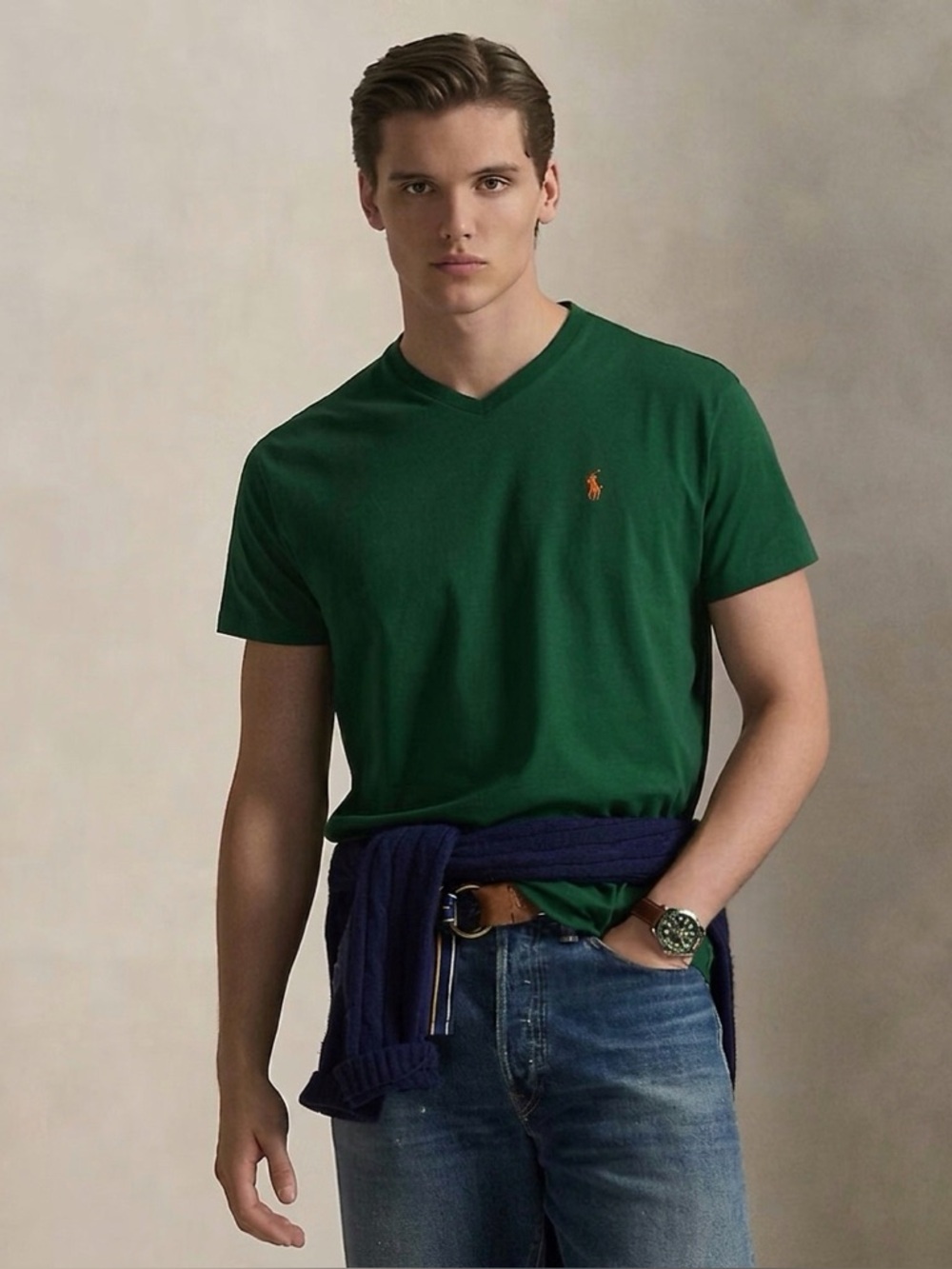 149 RALPH LAUREN Men's Cotton V-Neck Tee - Green, Medium